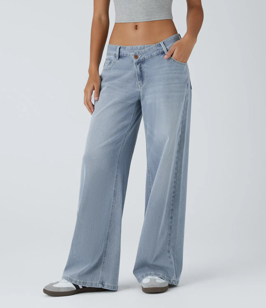 Halara Flex Asymmetric Low Rise Zipper Pockets Baggy Wide Leg Washed Casual Jeans