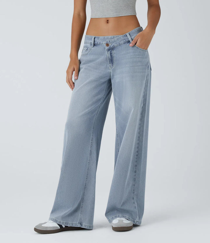 Halara Flex Asymmetric Low Rise Zipper Pockets Baggy Wide Leg Washed Casual Jeans