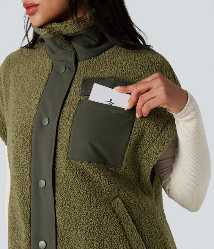 Stand Collar Cap Sleeve Color Block Hiking Sherpa Vest with Pockets