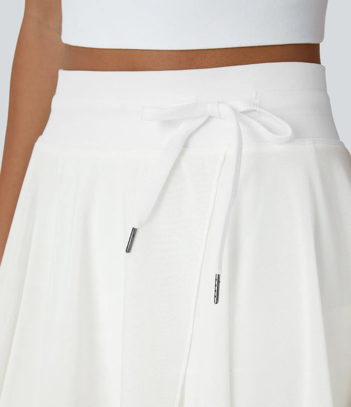 High Waisted Drawstring Contrast Mesh 2-in-1 Pocket Flowy Mini Flare Casual Skirt