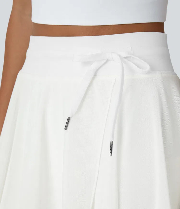 High Waisted Drawstring Contrast Mesh 2-in-1 Pocket Flowy Mini Flare Casual Skirt
