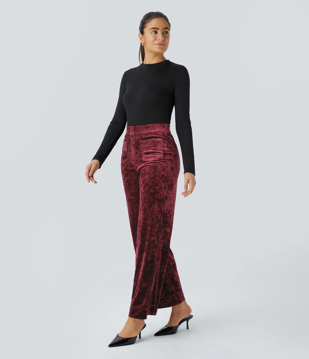 High Waisted Pockets Straight Leg Velvet Casual Trousers