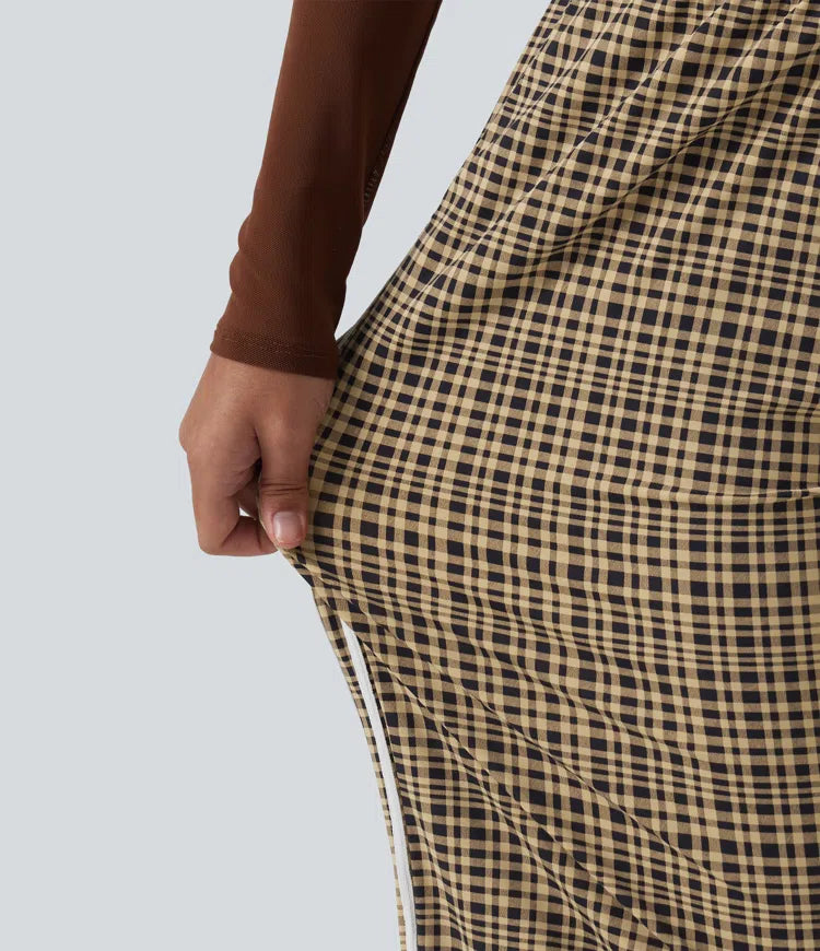 High Waisted Tummy Control Plaid Wide Leg Running Trousers with Pockets