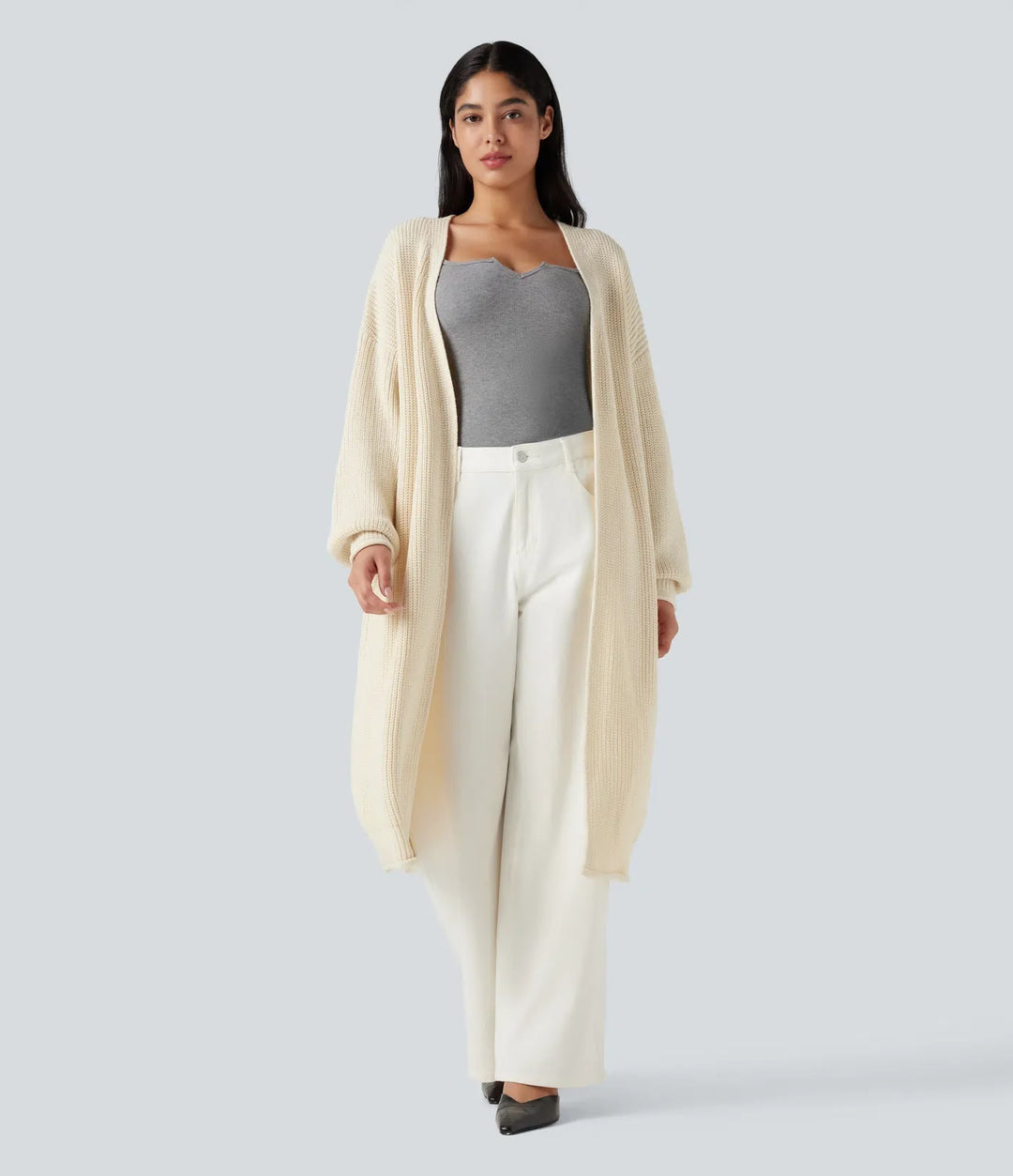 Long Sleeve Open Front Longline Jumper Knit Work Cardigan