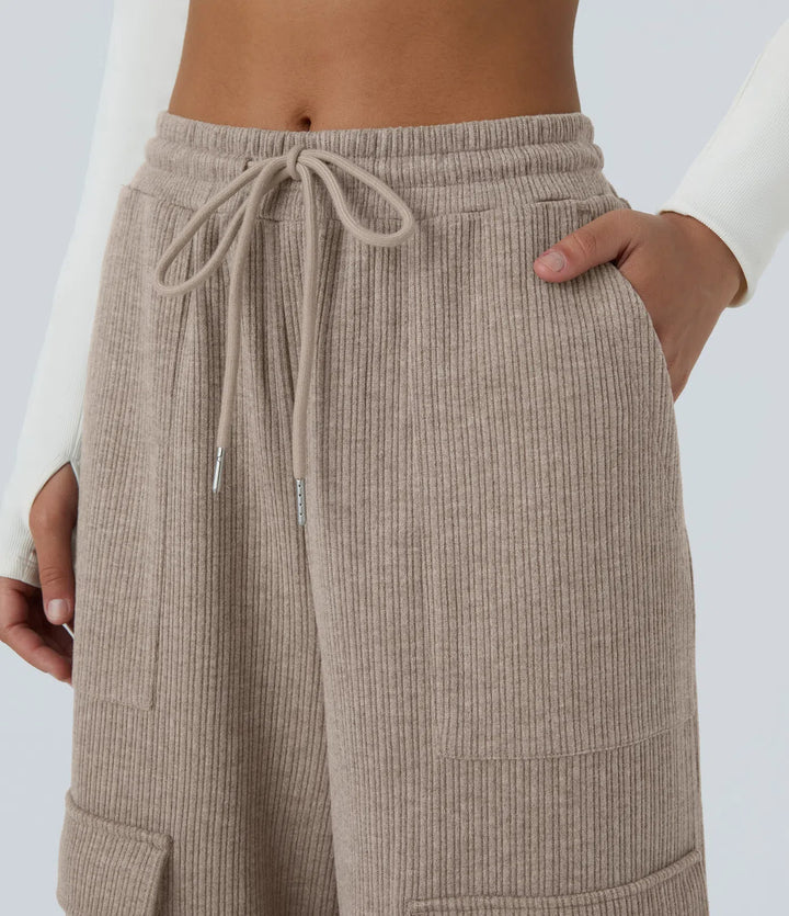 Ribbed Mid Rise Drawstring Pockets Wide Leg Cargo Casual Trousers