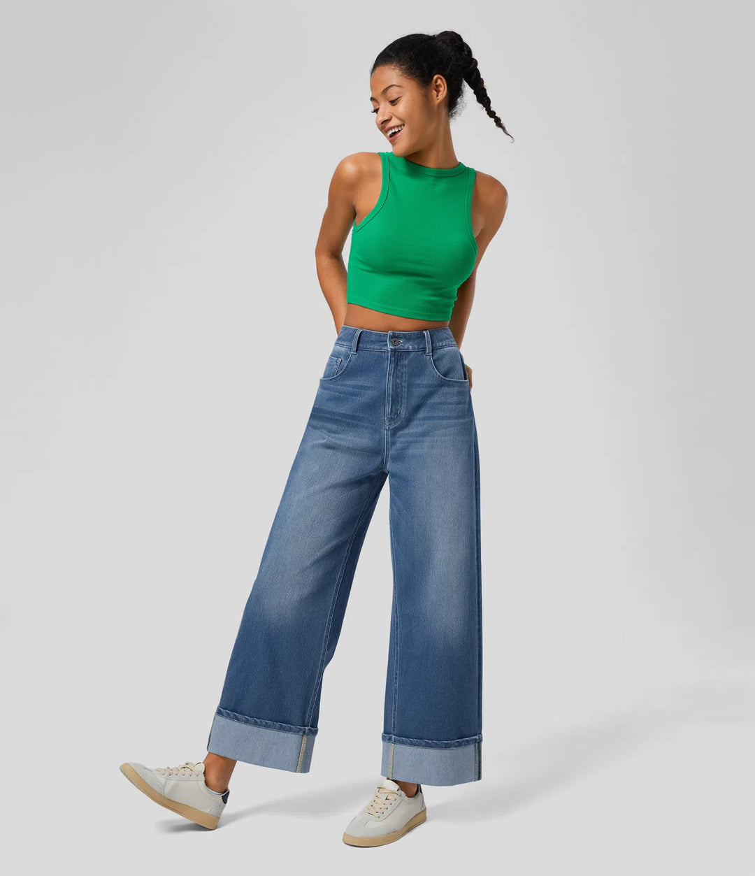 Halara Flex High Waisted Pockets Rolled Hem Wide Leg Washed Casual Jeans