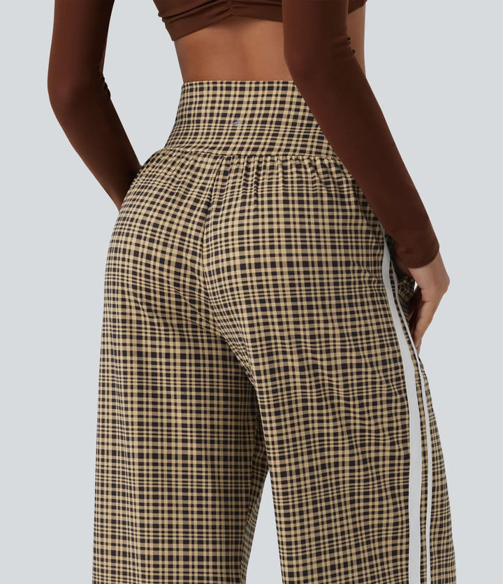 High Waisted Tummy Control Plaid Wide Leg Running Trousers with Pockets