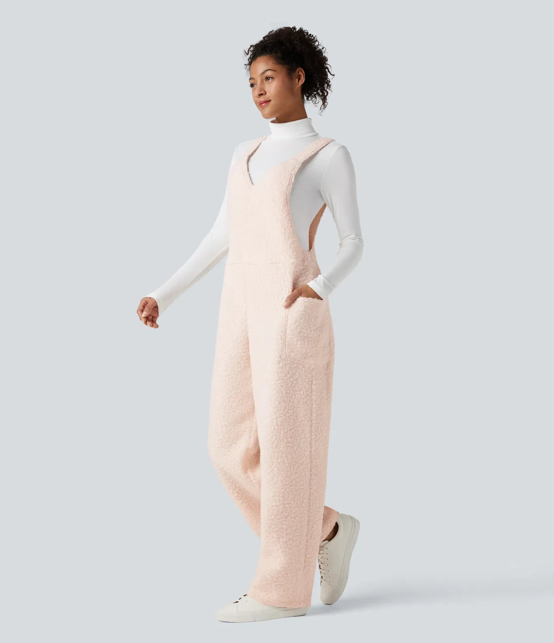 V Neck Casual Teddy Overalls with Pockets