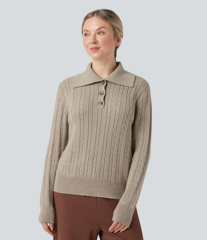 Lapel Long Sleeve Cable Knit Relaxed Fit Work Wool-Blend Jumper