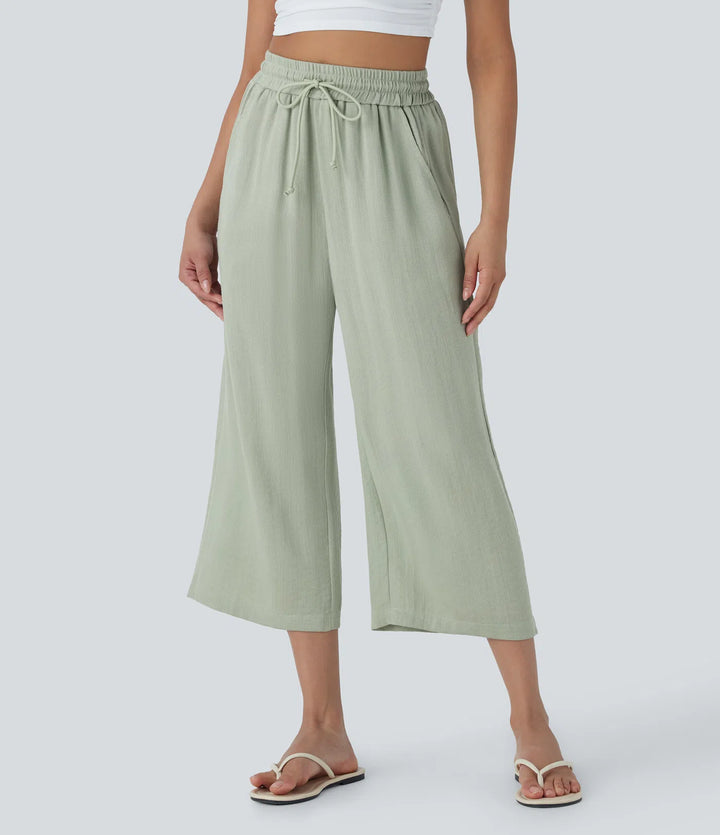 High Waisted Drawstring Wide Leg Cropped Casual Linen-Feel Trousers with Pockets