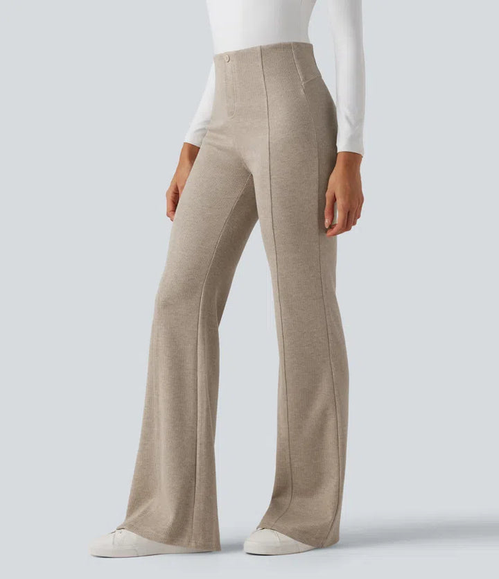 Ribbed High Waisted Tummy Control Casual Flare Trousers