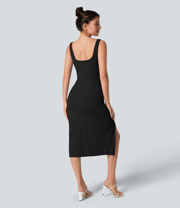 SoftlyZero Airy Square Neck Backless Corset Ruched Split Bodycon Midi InstantCool Bridesmaid and Wedding Guest Dress