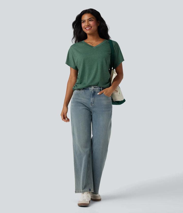 V-neck Short Sleeve Ruched Relaxed Casual Top