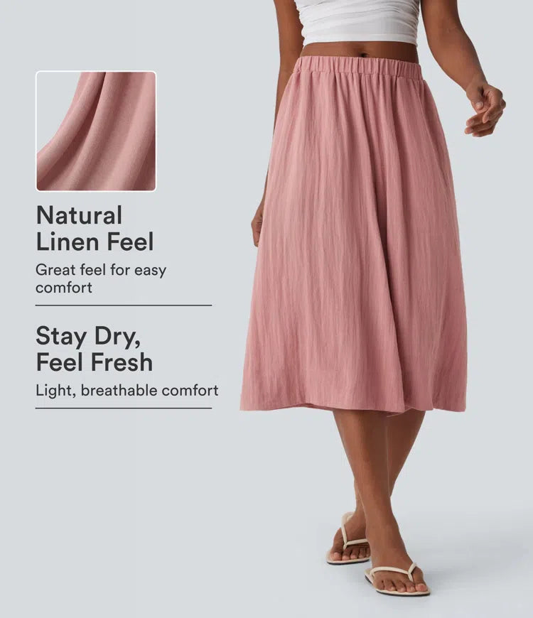 Mid Rise Wide Leg Flowy Linen-Feel Trousers with Pocket