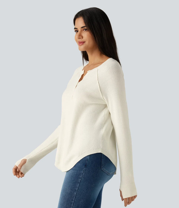 Henley Neck Long Sleeve Thumb Hole Curved Hem Casual Jumper