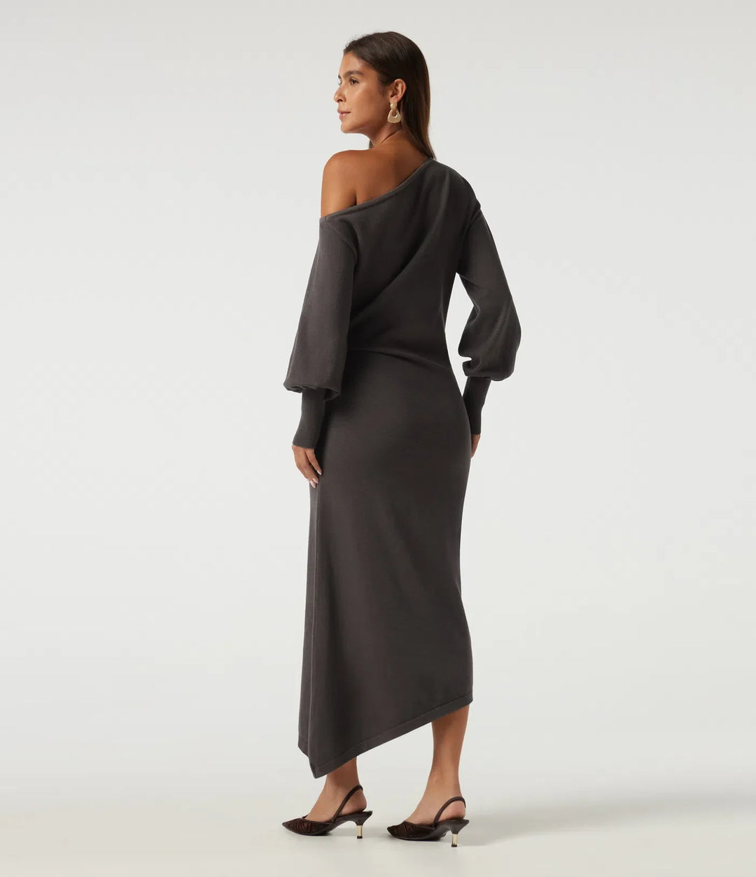 One Shoulder Puff Long Sleeve Asymmetric Work Midi Jumper Dress