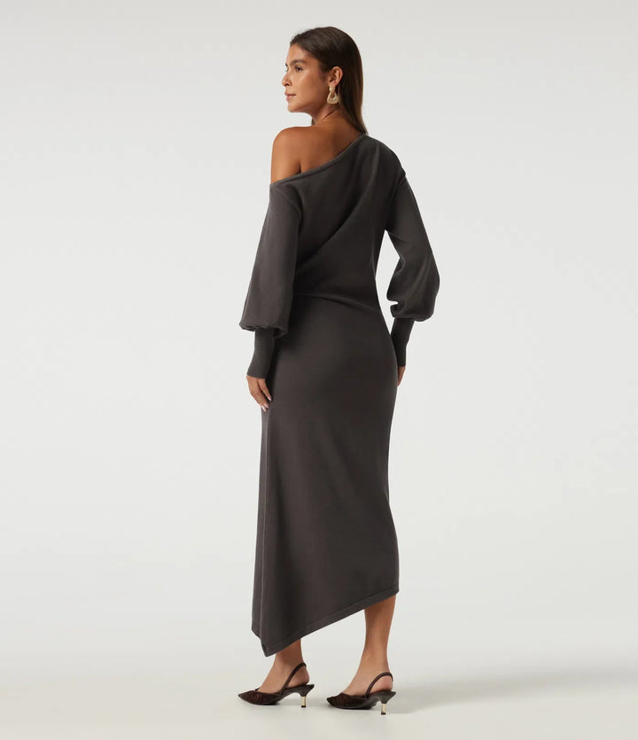 One Shoulder Puff Long Sleeve Asymmetric Work Midi Jumper Dress