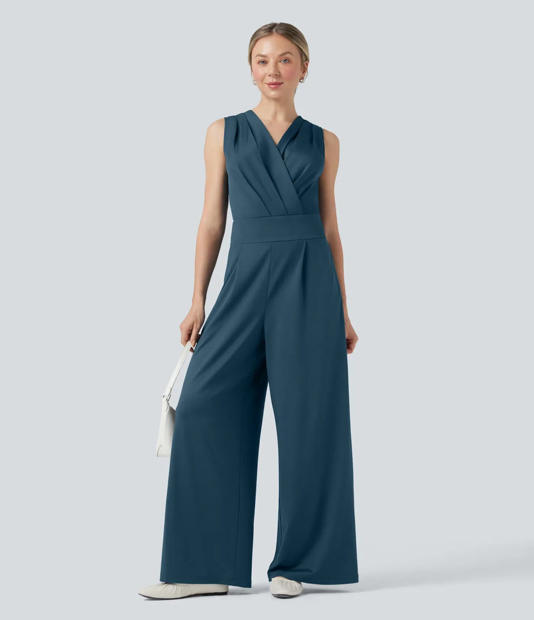 V-neck Sleeveless Pleated Crossover Tummy Control Casual Jumpsuit with Pockets-Easy Peezy