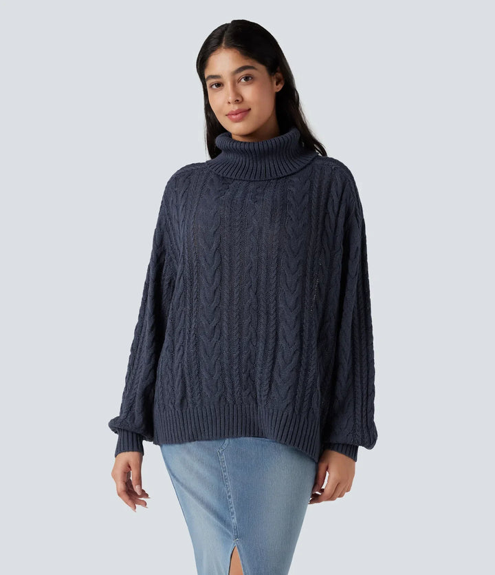 High Neck Long Sleeve Cable Knit Casual Jumper