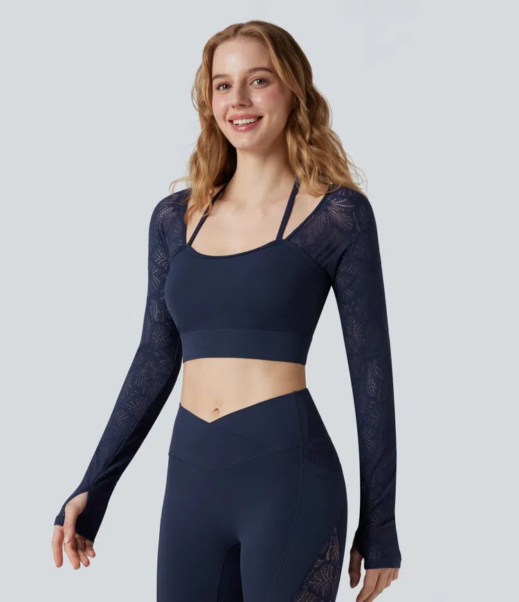 SoftlyZero Contrast Lace Halter Long Sleeve Thumb Holes Cropped Yoga Top