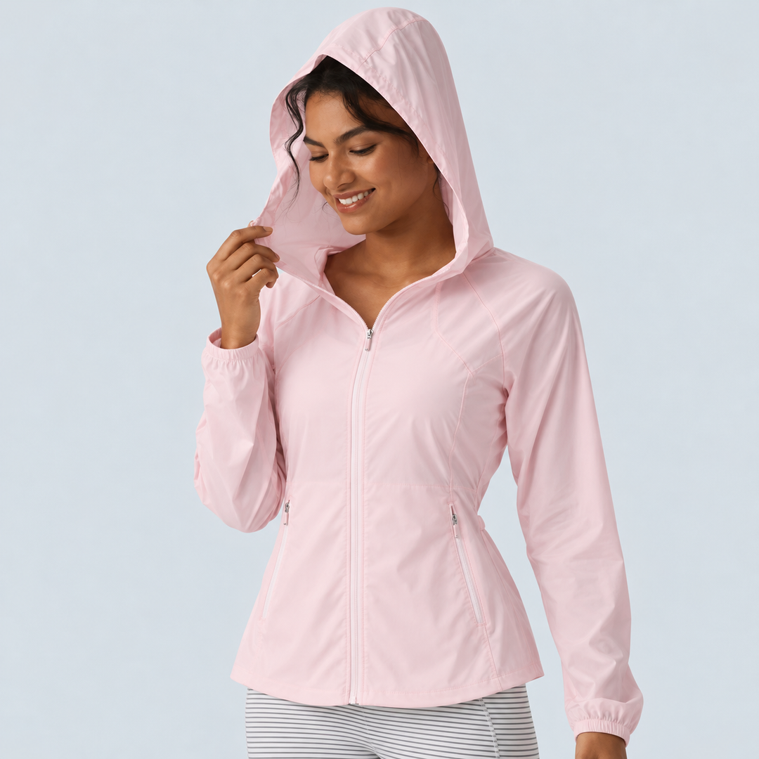 Hooded Drawstring Contrast Mesh Workout Jacket with Pockets