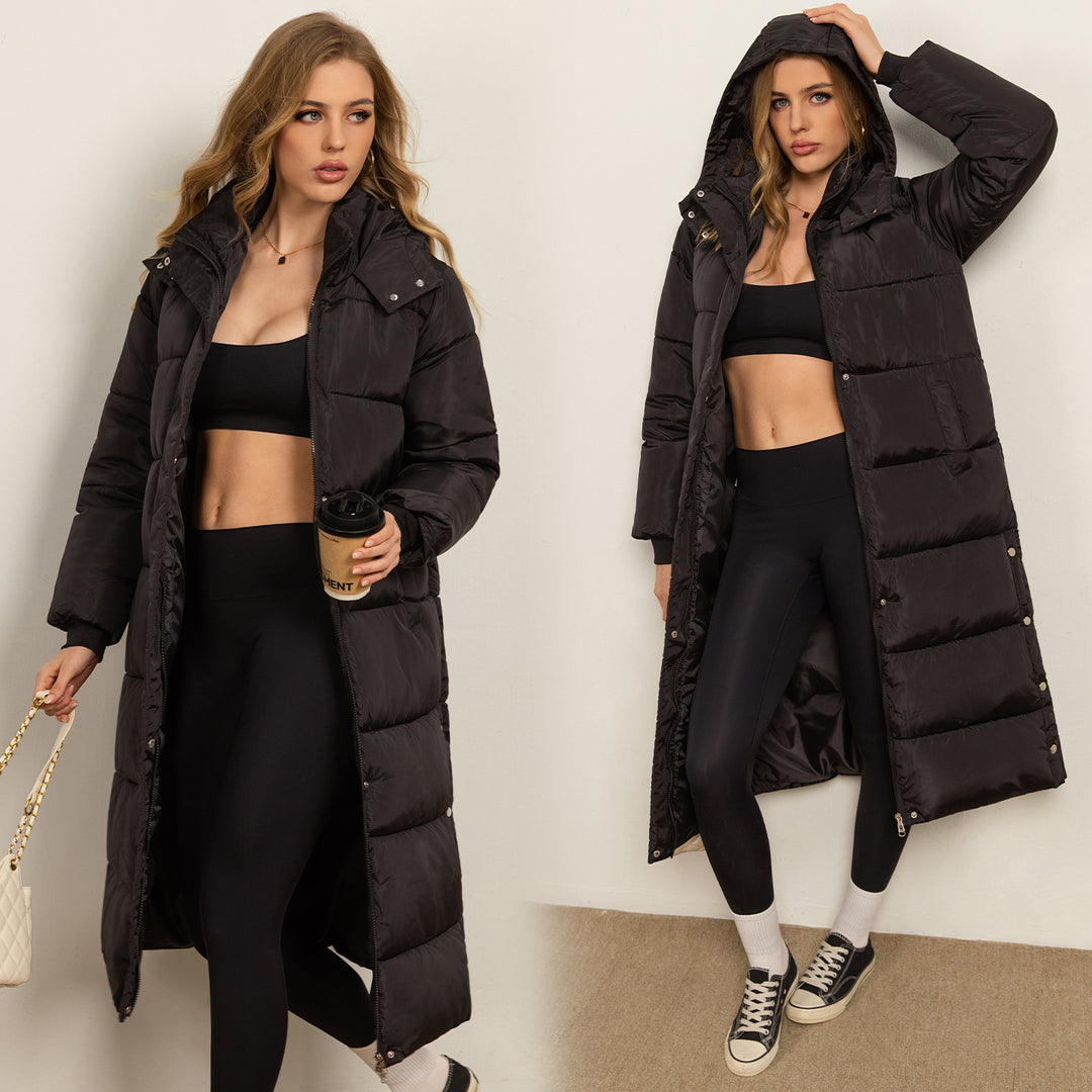 Hooded Long Sleeve Zipper Longline Casual Puffer Jacket with Pockets