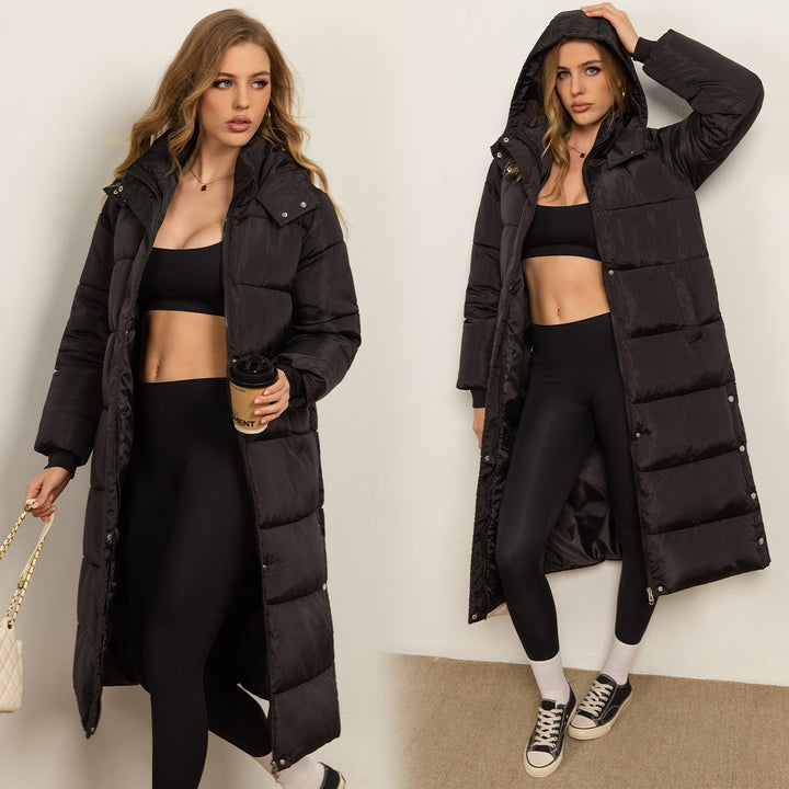 Hooded Long Sleeve Zipper Longline Casual Puffer Jacket with Pockets