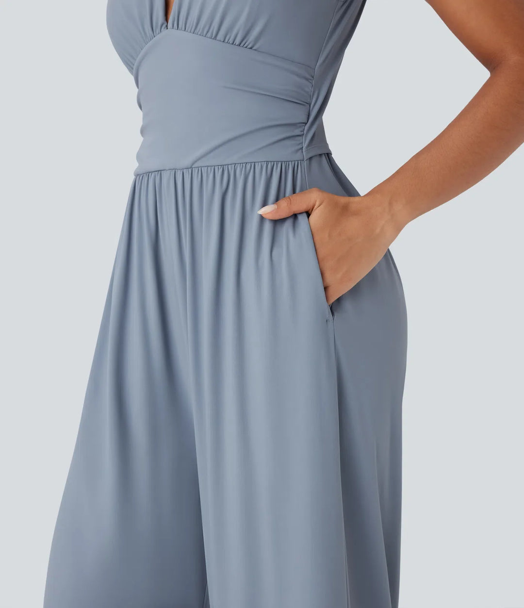 SoftlyZero Airy V Neck Sleeveless Ruched Pocket InstantCool Casual Jumpsuit-Easy Peezy