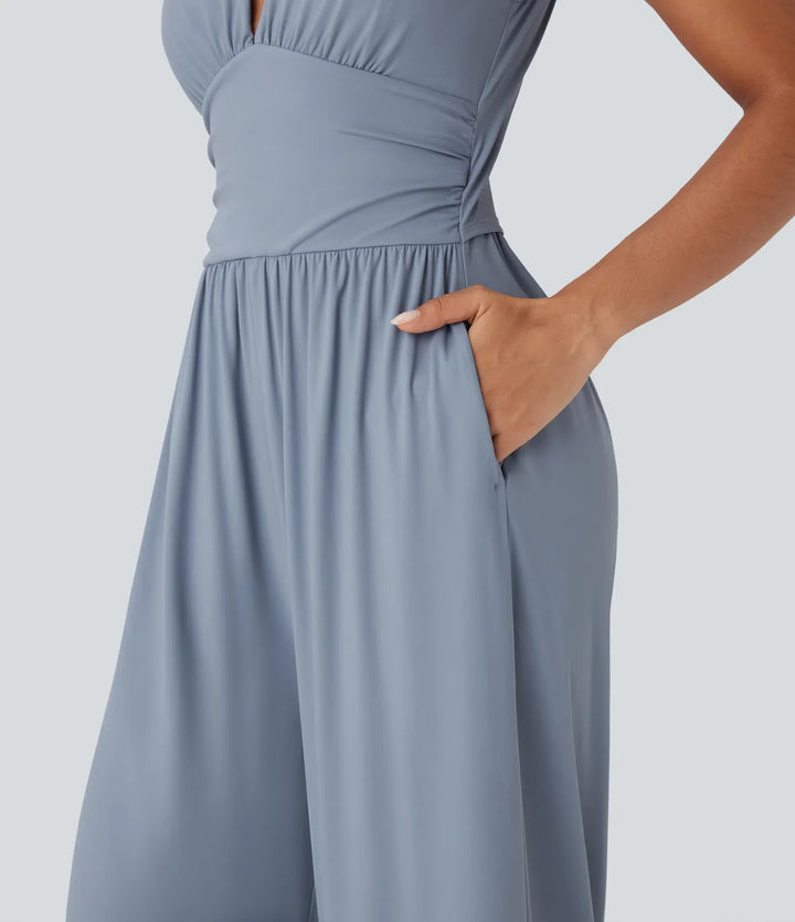SoftlyZero Airy V Neck Sleeveless Ruched Pocket InstantCool Casual Jumpsuit-Easy Peezy