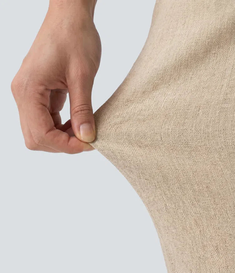 High Waisted Straight Leg Casual Linen-Feel Trousers with Pockets