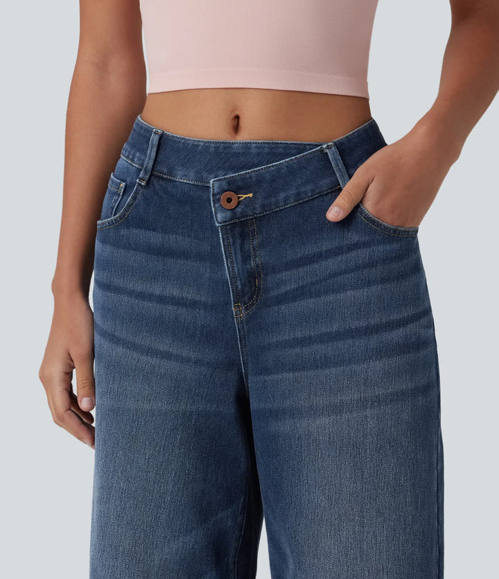 Halara Flex Asymmetric Mid Rise Wide Leg Casual Jeans with Pockets