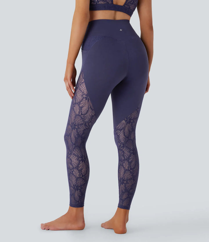 SoftlyZero High Waisted Crossover Pocket Contrast Lace 7/8 Yoga Leggings