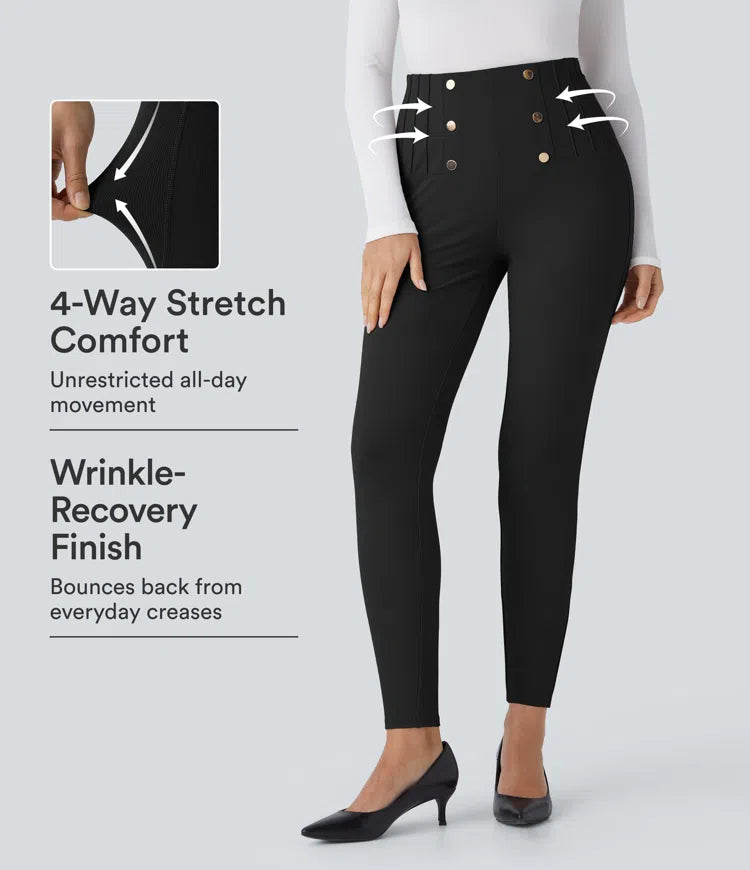 High Waisted Tummy Control Decorative Back Zipper Pockets Herringbone Work Trousers