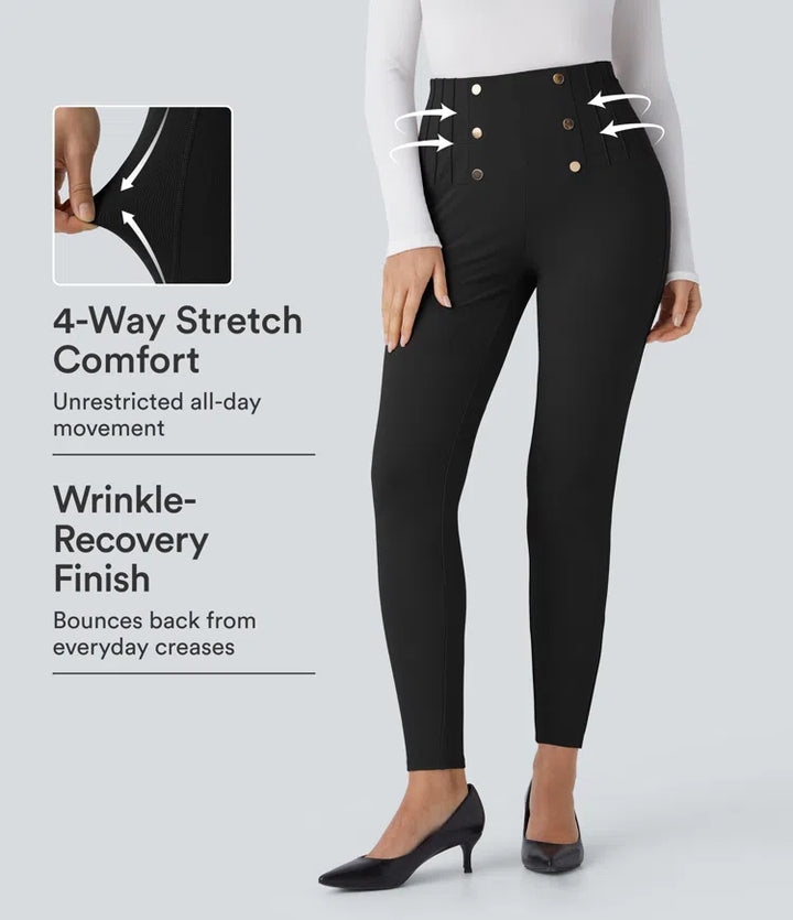 High Waisted Tummy Control Decorative Back Zipper Pockets Herringbone Work Trousers
