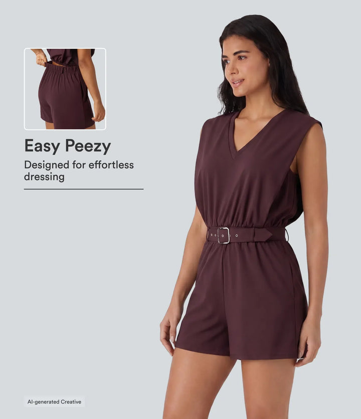 SoftlyZero Airy V Neck Sleeveless Belted InstantCool Casual Romper with Pockets-Easy Peezy Edition