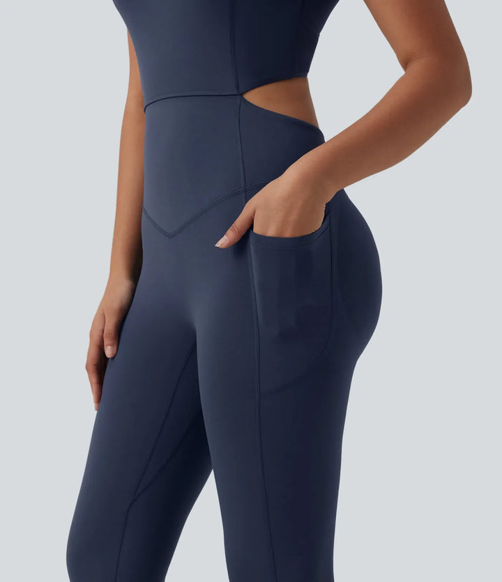Halara UltraSculpt V Neck Tummy Control Butt Lifting Workout Jumpsuit with Pockets-Easy Peezy Edition