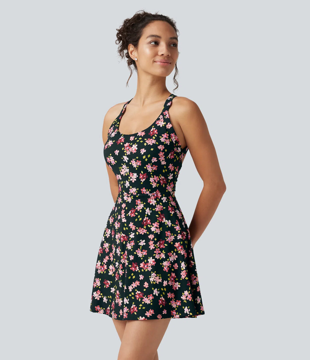 Built-in Bra 2-in-1 Ditsy Floral Mini Dance Active Dress with Pockets-Easy Peezy Edition