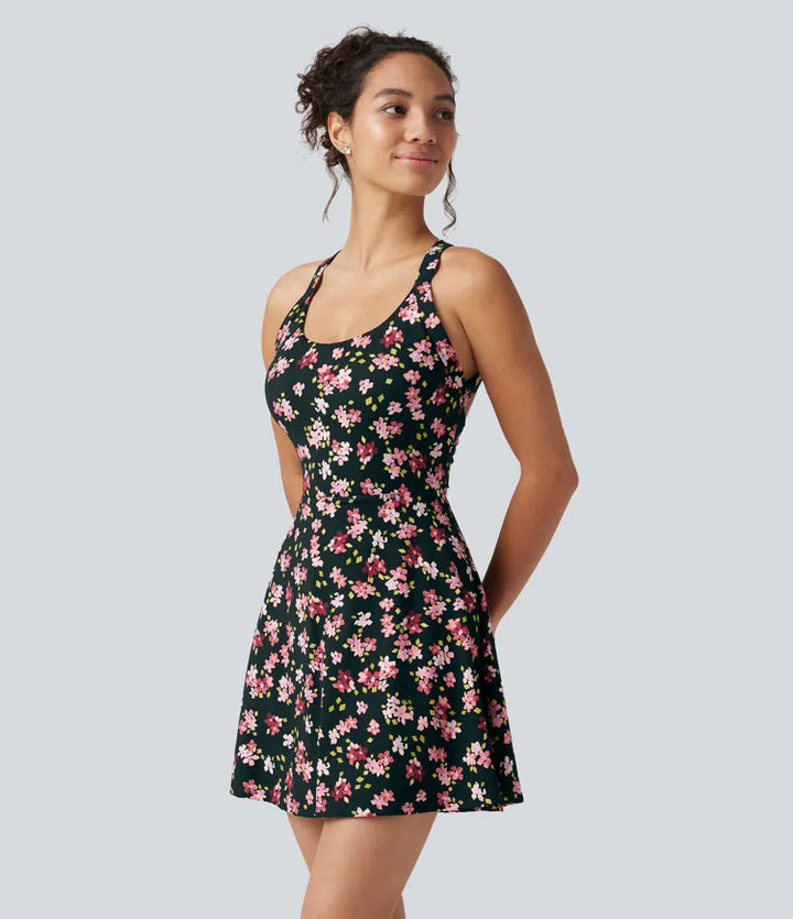 Built-in Bra 2-in-1 Ditsy Floral Mini Dance Active Dress with Pockets-Easy Peezy Edition