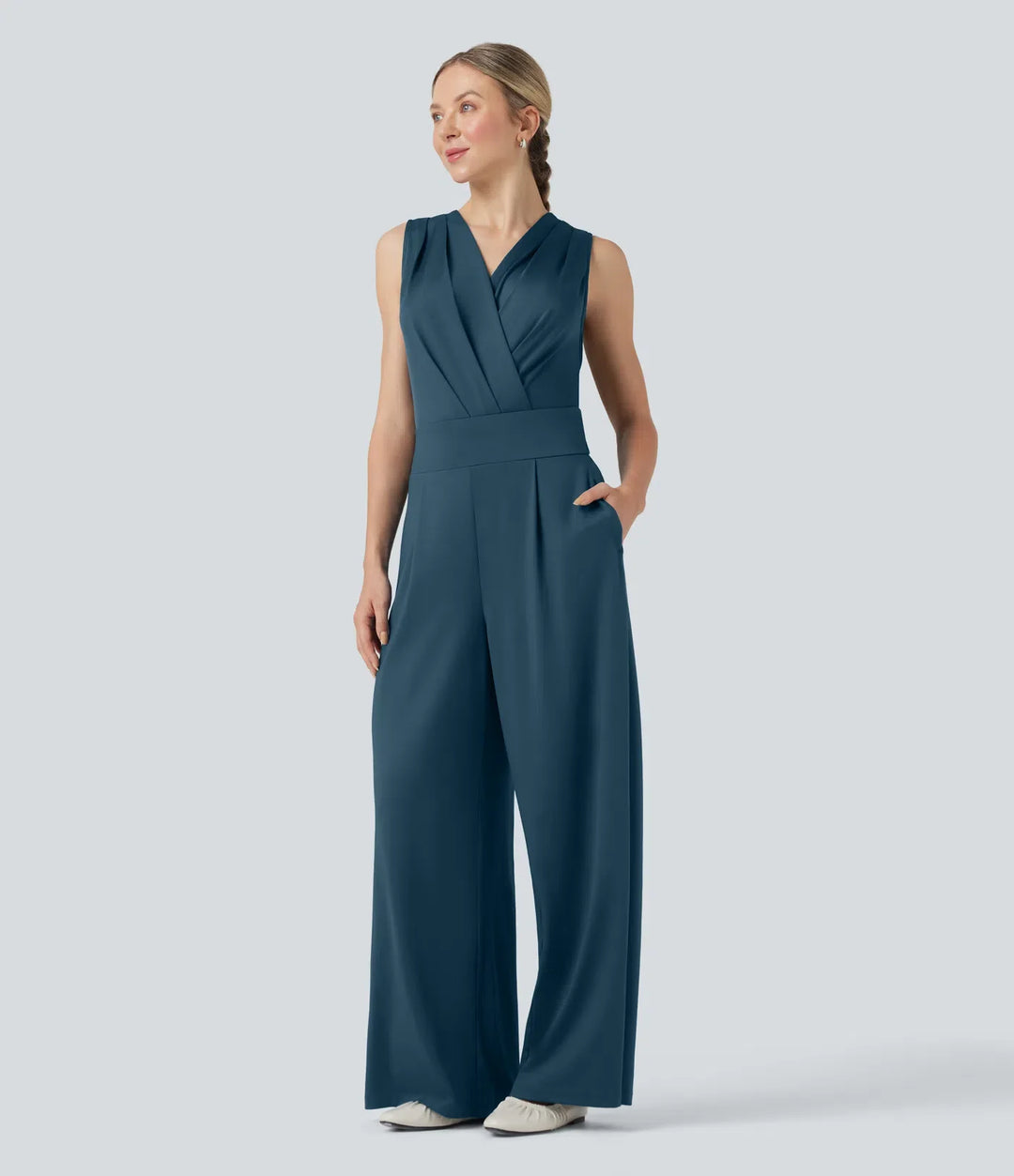 V-neck Sleeveless Pleated Crossover Tummy Control Casual Jumpsuit with Pockets-Easy Peezy