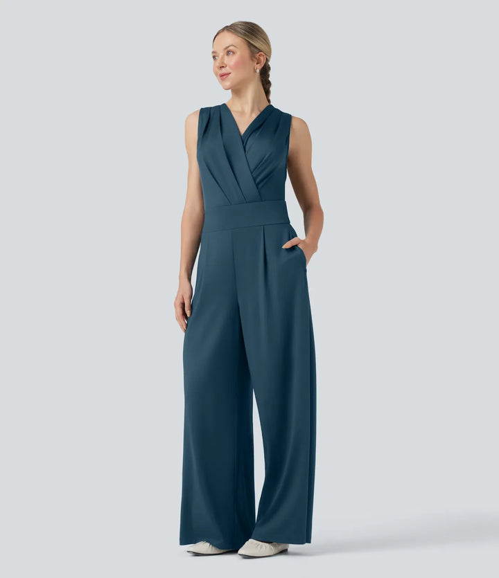 V-neck Sleeveless Pleated Crossover Tummy Control Casual Jumpsuit with Pockets-Easy Peezy
