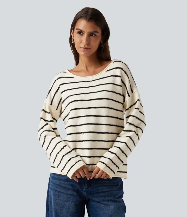 Boat Neck Long Sleeve Stripe Rolled Hem Oversized Casual Jumper