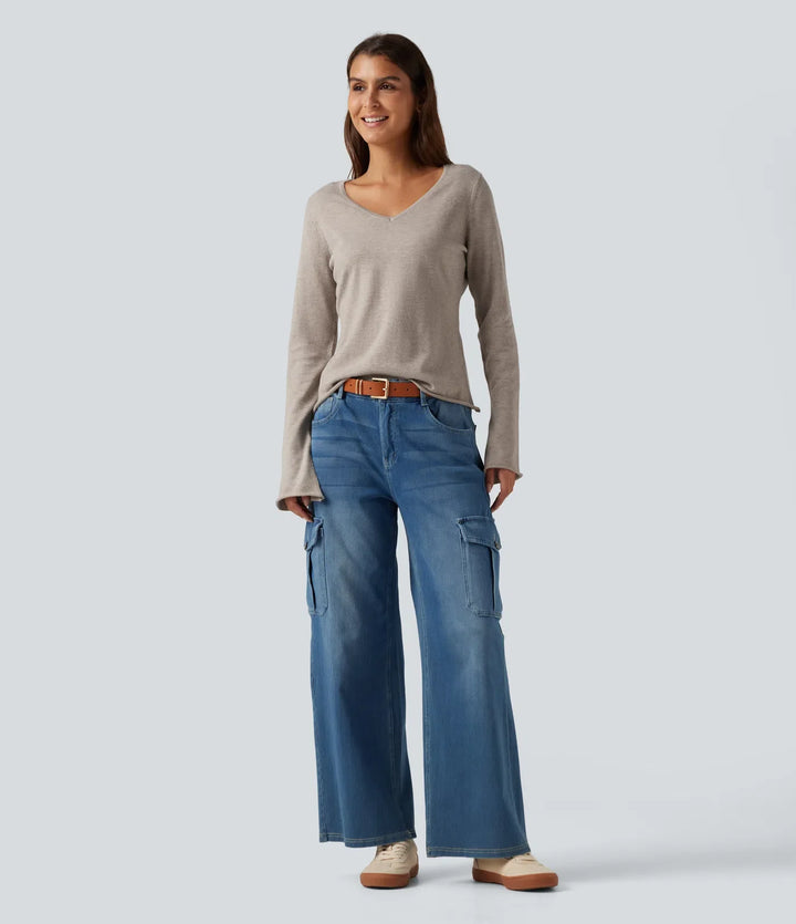 V Neck Flounce Long Sleeve Rolled Hem Casual Jumper