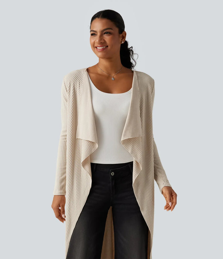 Ribbed Knit Open Front Long Sleeve Casual Longline Waterfall Cardigan with Pockets