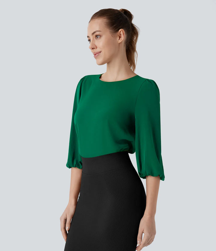 Boat Neck Keyhole Back Bishop Sleeve Work Linen-Feel Blouse