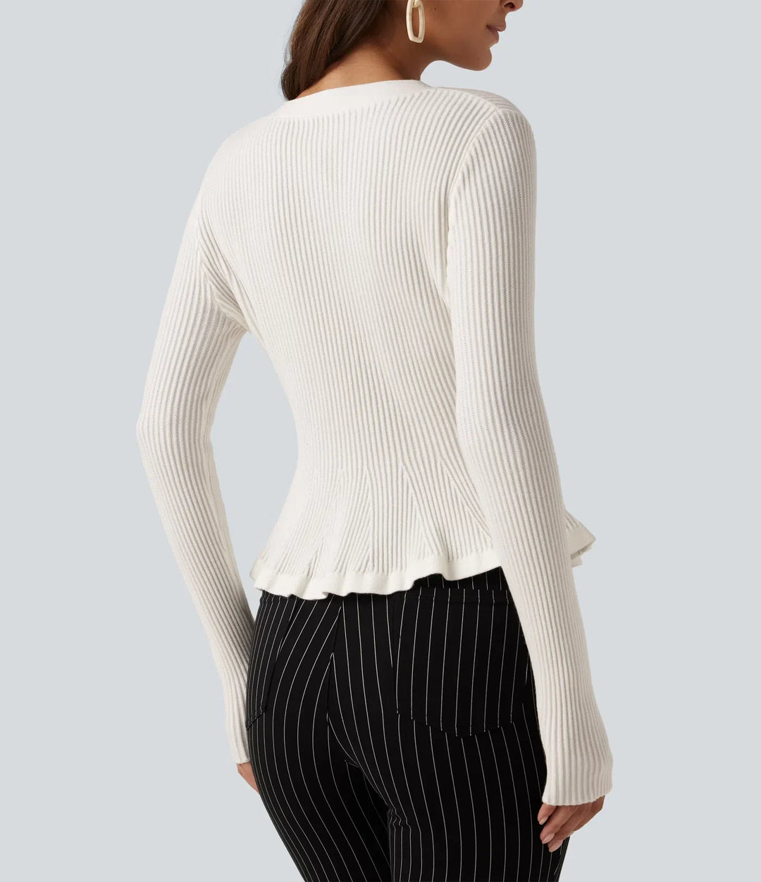 V Neck Long Sleeve Ruffle Hem Slim Work Cardigan