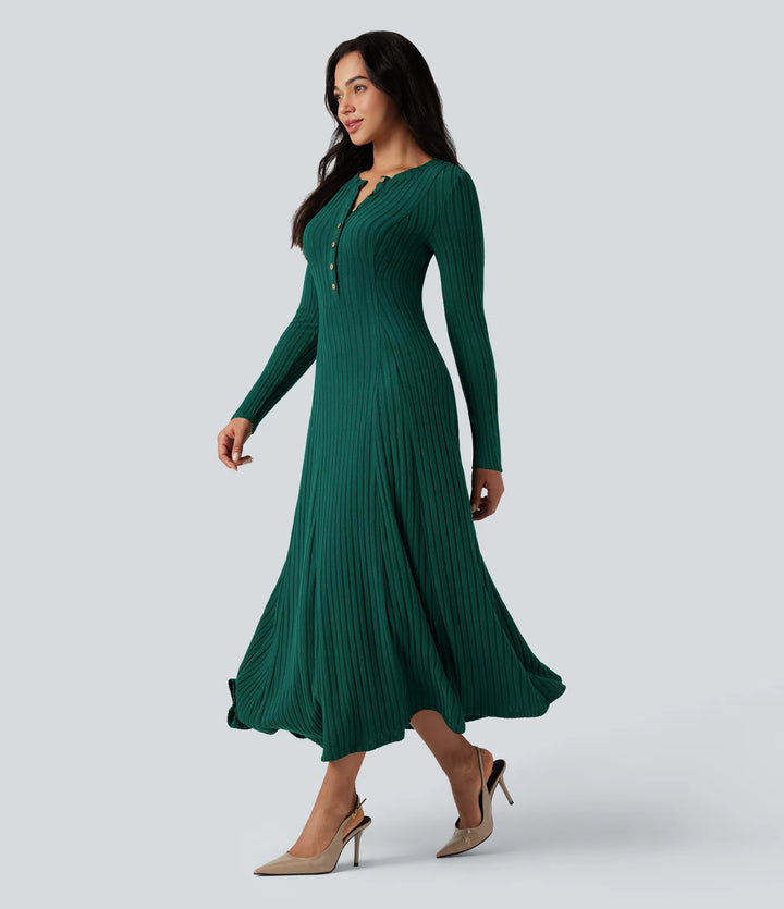 Ribbed Knit Henley Neck Long Sleeve Flowy Maxi Fleece Casual Dress