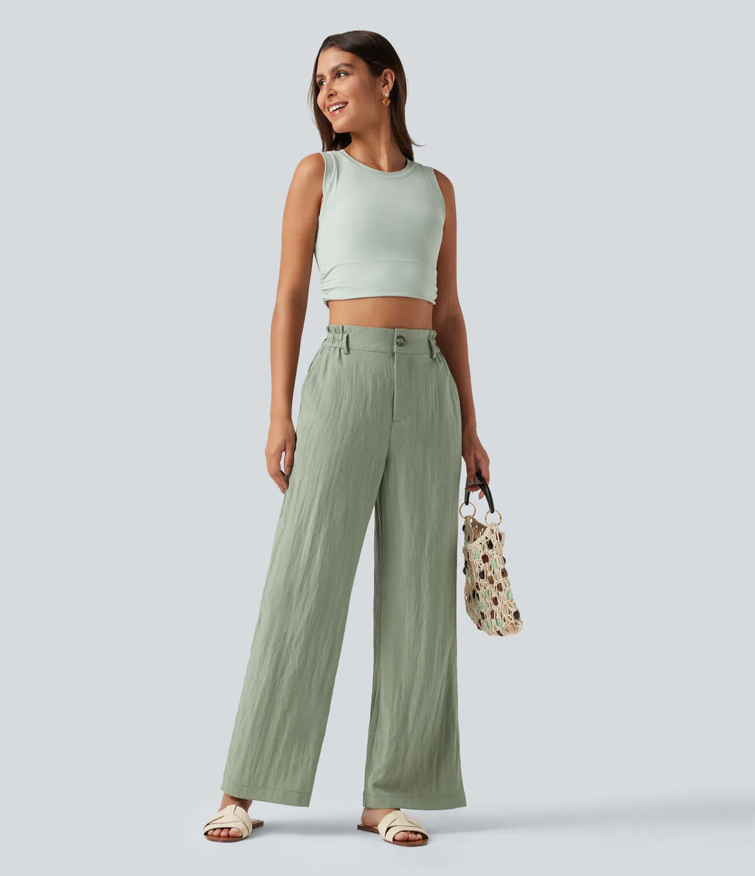 High Waisted Wide Leg Casual Linen-Blend Trousers with Pockets