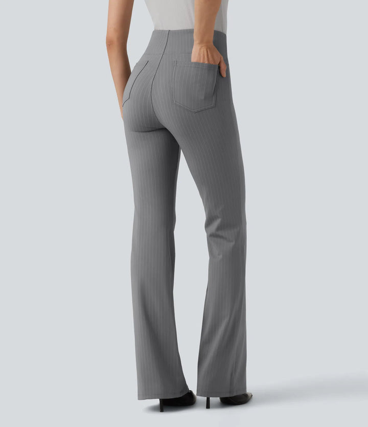 High Waisted Stripe Flare Work Trousers with Pockets
