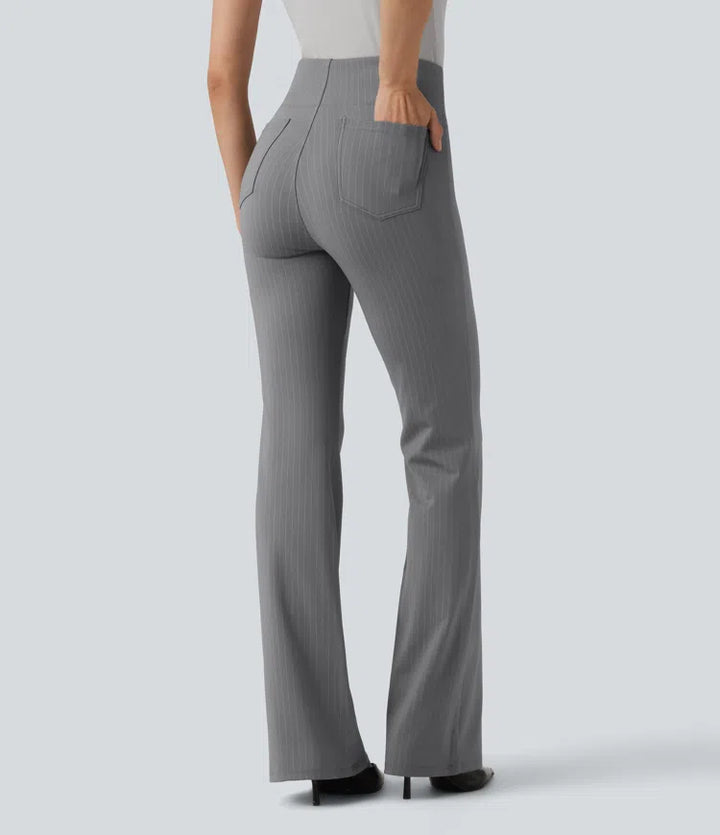 High Waisted Stripe Flare Work Trousers with Pockets