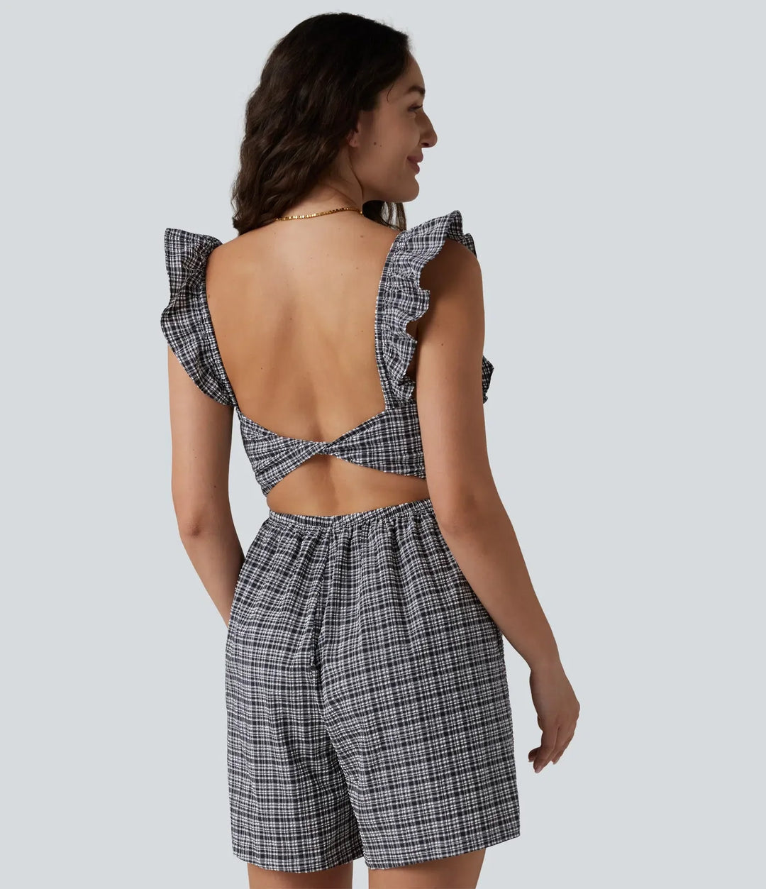 Twisted Backless Ruffle Plaid Crinkle Quick Dry Casual Romper with Pockets-Easy Peezy